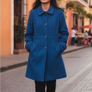 Anthropology TULLE Royal Blue Wool Trench Coat Sz medium Jacket Peacoat Lined